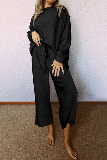 Black Textured Loose Slouchy Long Sleeve Top and Pants Set